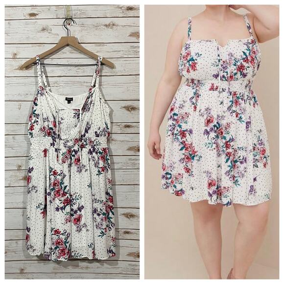 Torrid Mini Gauze Smocked Waist Dress - Floral White - 2 - Picture 1 of 12